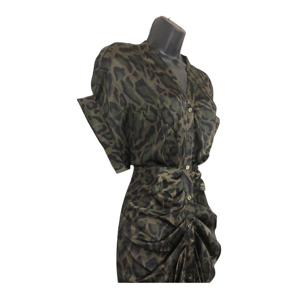 Steve Madden TORI Tony camo green satin look belted button front shirtdress szL - Picture 9 of 17